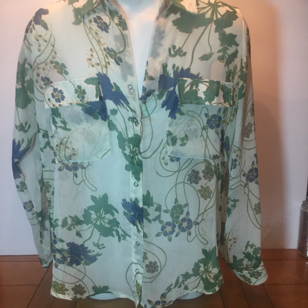 OLIVACEOUS SHEER FLORAL BLOUSE